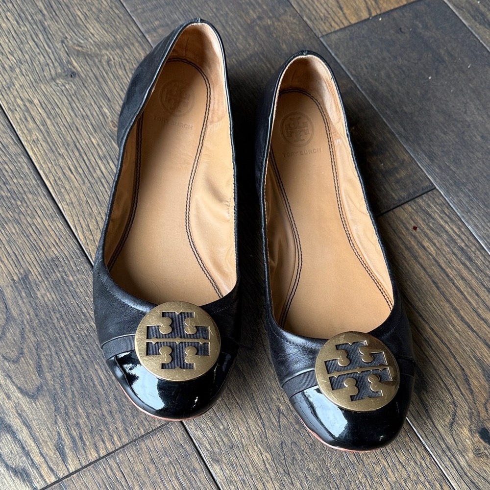 Tory Burch Black Flats with Gold Logo